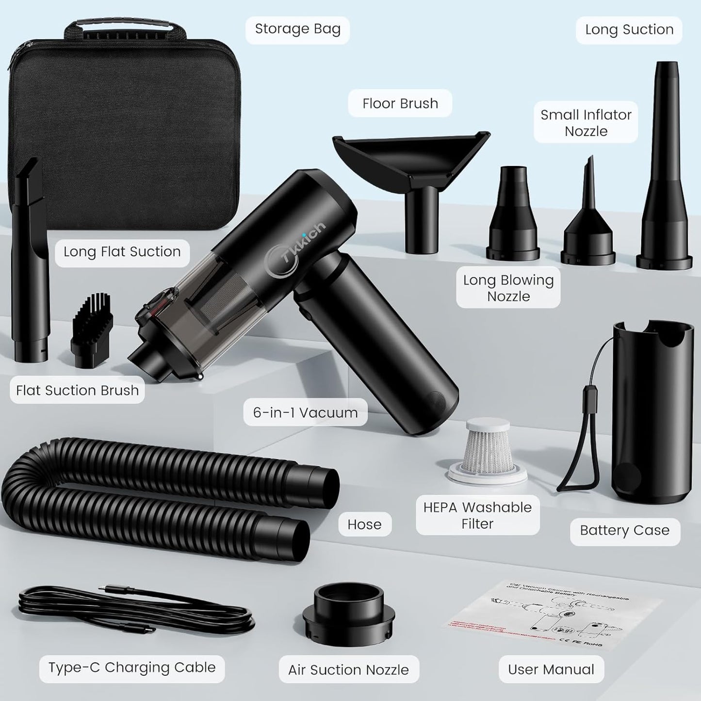 Car Vacuum Portable Cordless with Removable Battery , 18000Pa 6-in-1 Mini Vacuum Cleaner and Blower with Brushless Motor, 6000mAh Total Battery Capacity, 35W Power Bank Function, 1 Removable Batteries for Car and Home